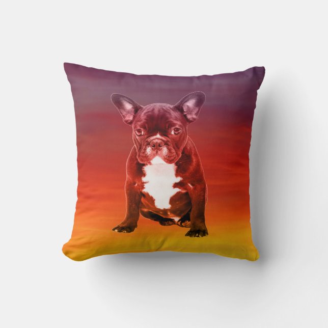 French Bulldog Dog Sitting On Beach Throw Pillow (Front)