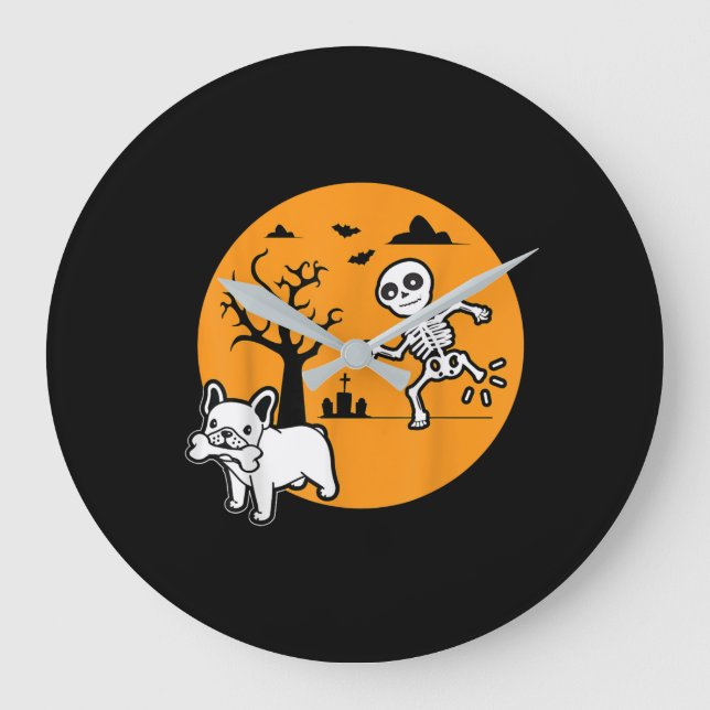 French Bulldog Dog Skeleton Bone Halloween Costume Large Clock (Front)