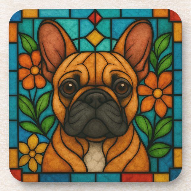 French Bulldog Dog "Stained Glass" Beverage Coaster (Front)