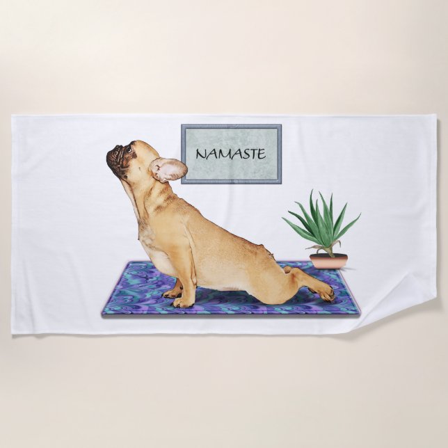 French Bulldog Doing Upward Dog Yoga Pose Beach Towel (Front)