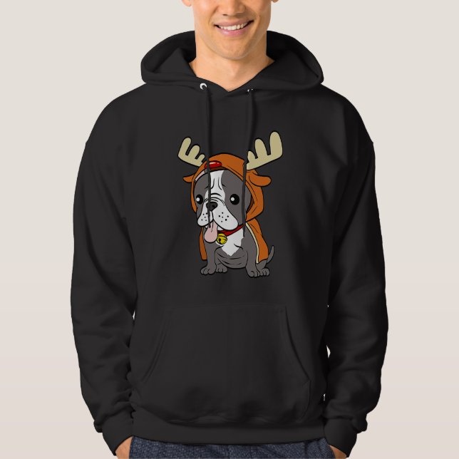French Bulldog Dressed Up Reindeer Dogs Xmas Hoodie (Front)