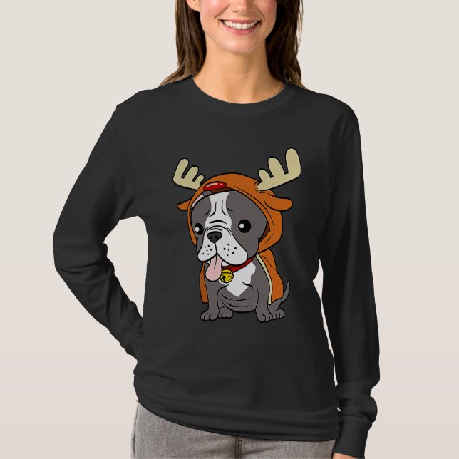 French Bulldog Dressed Up Reindeer Dogs Xmas T-Shirt (Front)