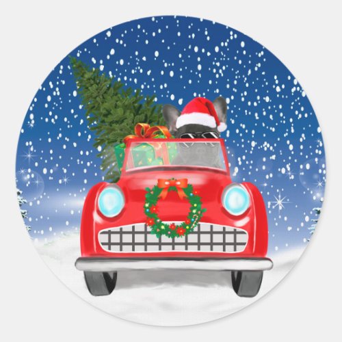 French Bulldog Driving Car In Snow Christmas   Classic Round Sticker