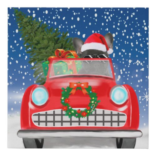 French Bulldog Driving Car In Snow Christmas Faux Canvas Print