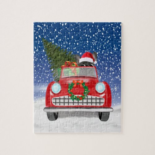 French Bulldog Driving Car In Snow Christmas Jigsaw Puzzle