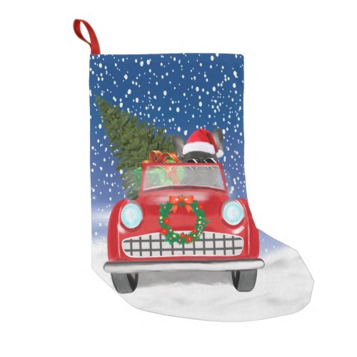 French Bulldog Driving Car In Snow Christmas Small Christmas Stocking