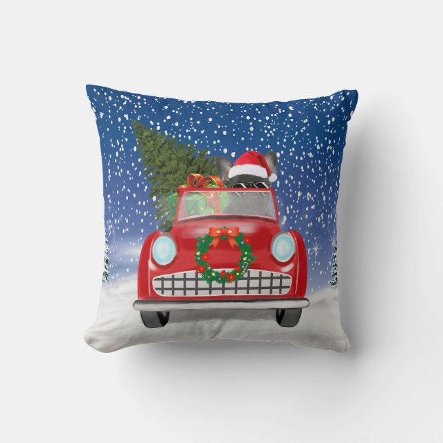 French Bulldog Driving Car In Snow Christmas  Throw Pillow (Front)