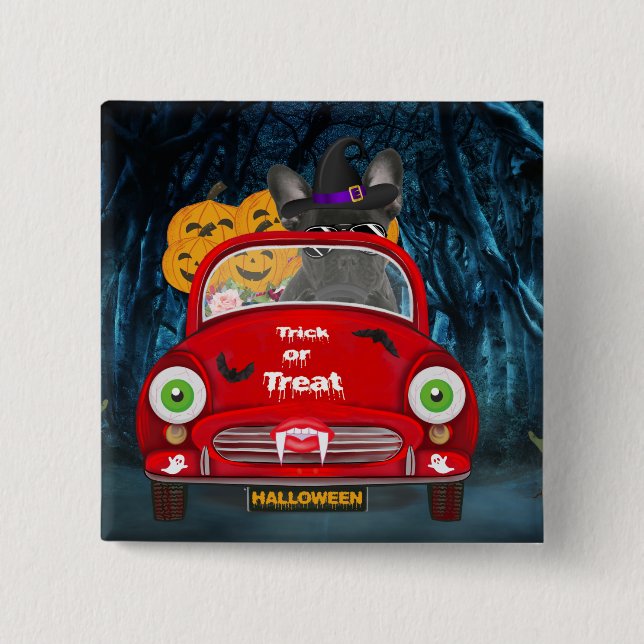 French Bulldog Driving Car Scary Halloween Button (Front)