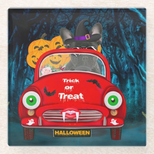 French Bulldog Driving Car Scary Halloween Glass Coaster