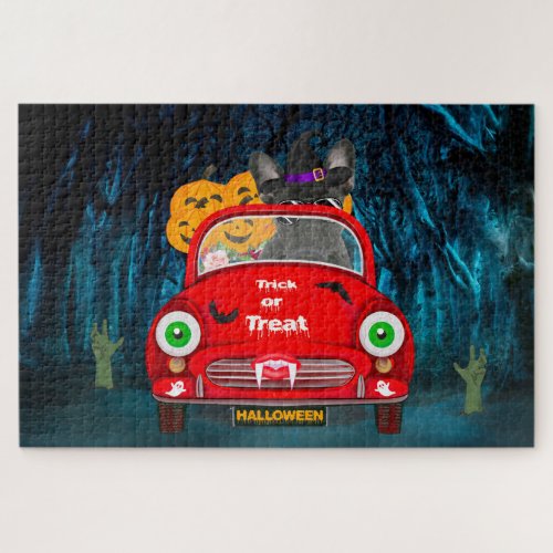 French Bulldog Driving Car Scary Halloween Jigsaw Puzzle