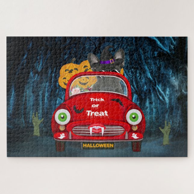 French Bulldog Driving Car Scary Halloween Jigsaw Puzzle (Horizontal)