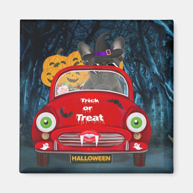 French Bulldog Driving Car Scary Halloween Magnet (Front)