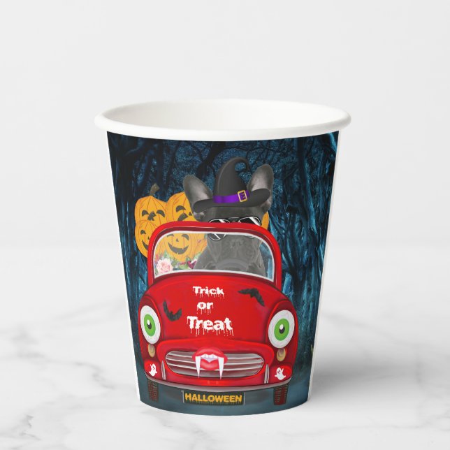 French Bulldog Driving Car Scary Halloween Paper Cups (Front)