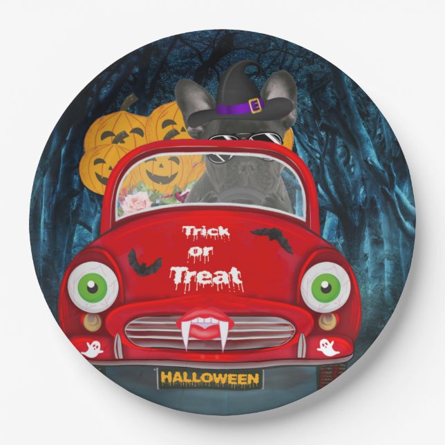 French Bulldog Driving Car Scary Halloween Paper Plates (Front)