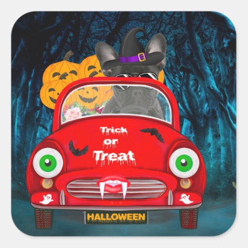 French Bulldog Driving Car Scary Halloween Square Sticker