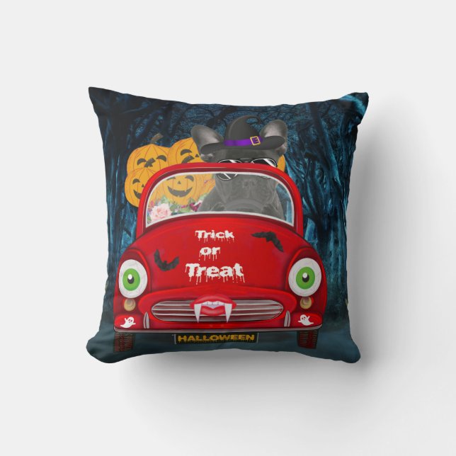 French Bulldog Driving Car Scary Halloween  Throw Pillow (Front)
