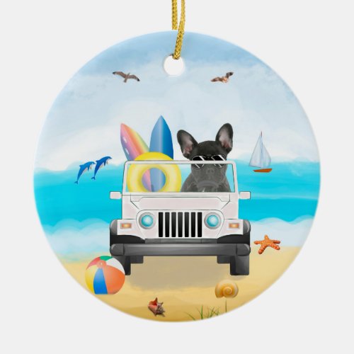 french bulldog Driving on Beach Ceramic Ornament