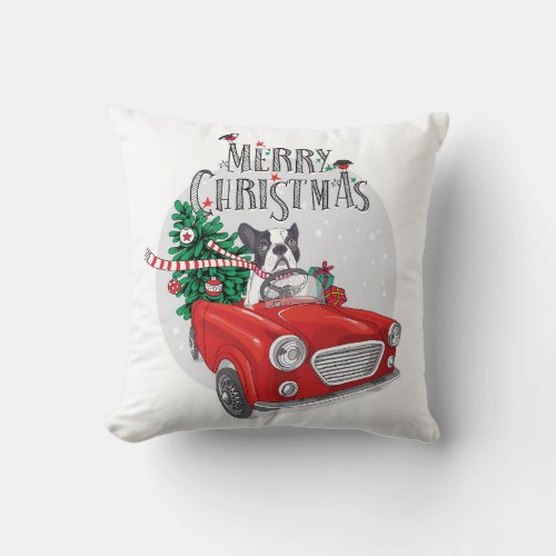 French Bulldog Driving Vintage Car Throw Pillow