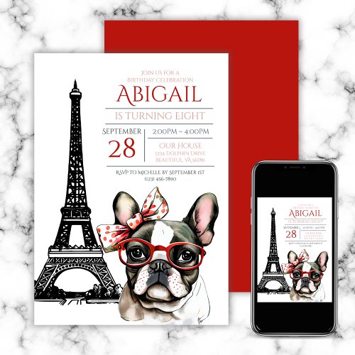 French Bulldog Eiffel Tower Paris Puppy Birthday Invitation