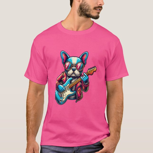 French Bulldog Electric Guitar Funny Dog Rock Band T-Shirt (Front)