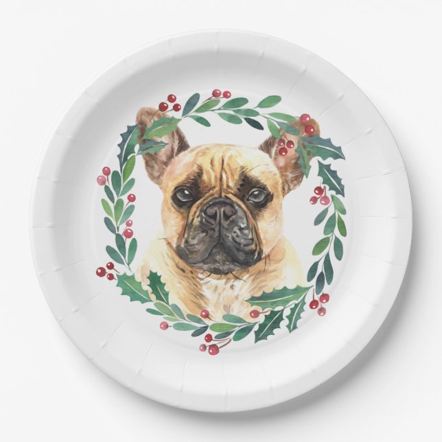French Bulldog Elegant Dog Christmas Holiday Paper Plates (Front)