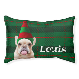 French Bulldog Elf Green Plaid with Dog’s Name Pet Bed