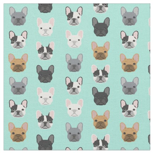 French Bulldog Faces Bright Mint Fabric