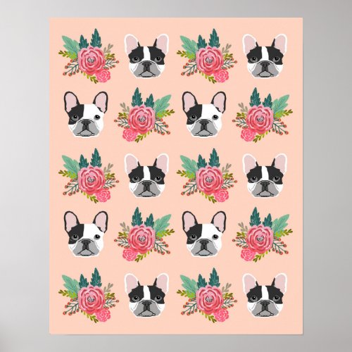 French Bulldog Faces Floral Dog Art Poster