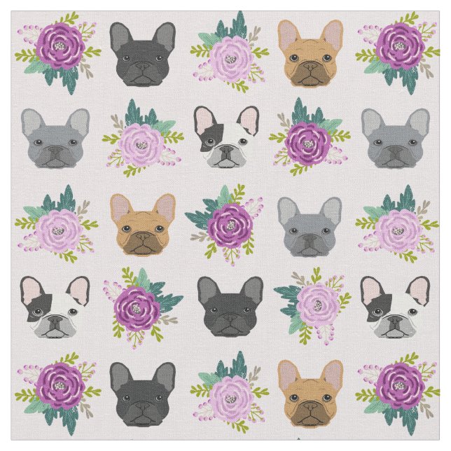 French Bulldog Faces lavender florals Fabric (Close Up)