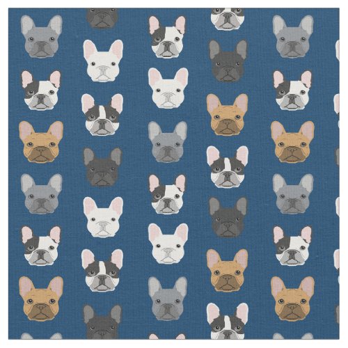 French Bulldog Faces Navy Blue Fabric