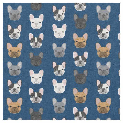 French Bulldog Faces Navy Blue Fabric | Zazzle