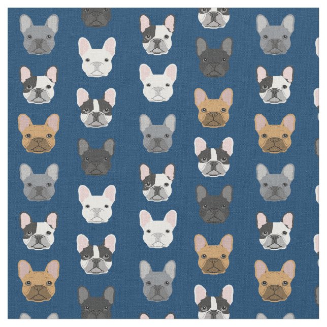 French Bulldog Faces Navy Blue Fabric (Close Up)
