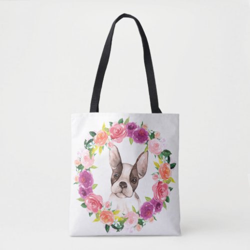 French Bulldog Floral Wreath Tote Bag