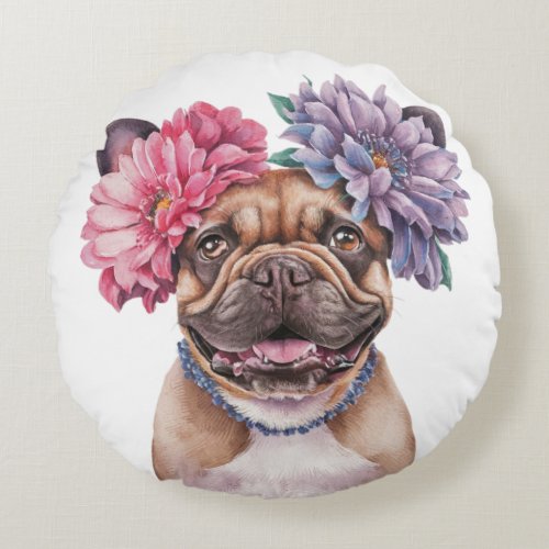 French Bulldog Flower Crown Watercolor Print Round Pillow