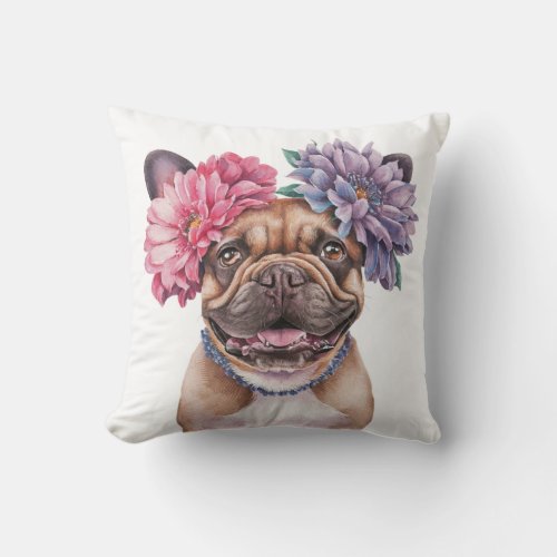French Bulldog Flower Crown Watercolor Print Throw Pillow