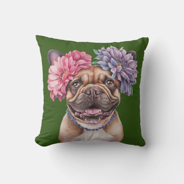 French Bulldog Flower Crown Watercolor Print Throw Pillow (Front)