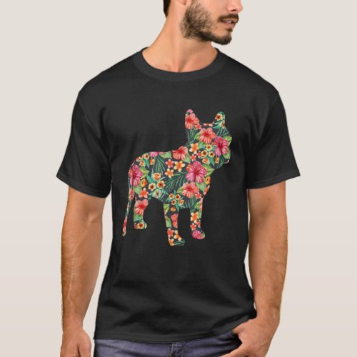 French Bulldog Flower Funny Dog Silhouette Floral  T_Shirt
