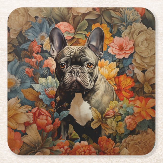 French Bulldog Frenchie Garden Tapestry Birthday Square Paper Coaster (Front)