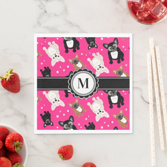 French Bulldog Frenchies Monogram Hot Pink Napkins (Insitu)