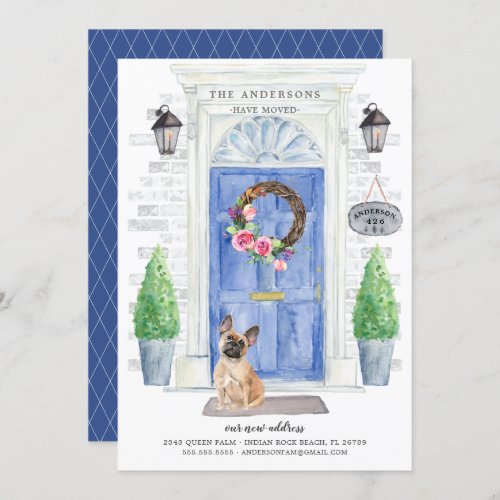 French Bulldog Front Door Moving Announcement - Announce your new address with our stylish announcement featuring a French Bulldog, blue front door, welcome mat, slate sign, topiaries and a floral wreath set on a gray brick background.