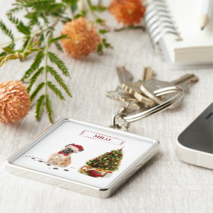 French Bulldog Funny Christmas Dog with Tree Keychain