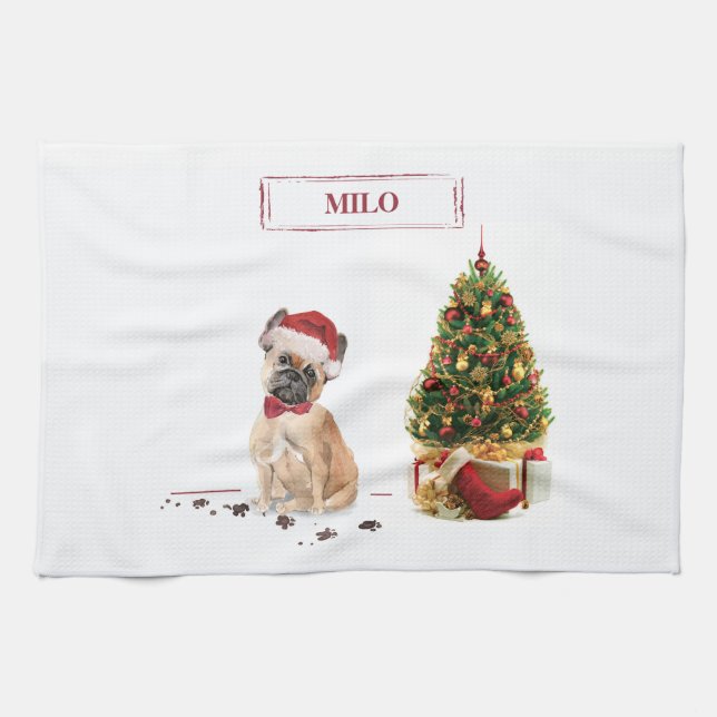 French Bulldog Funny Christmas Dog with Tree Kitchen Towel (Horizontal)