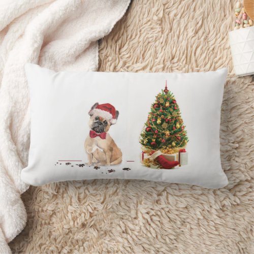 French Bulldog Funny Christmas Dog with Tree Lumbar Pillow