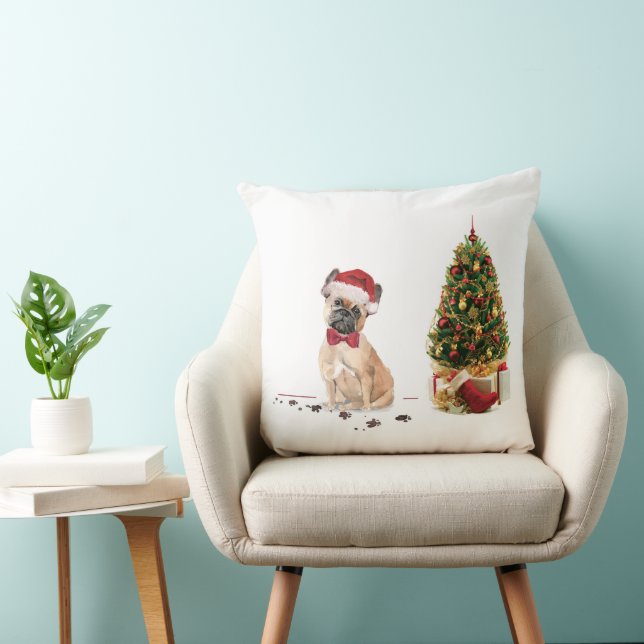 French Bulldog Funny Christmas Dog with Tree Throw Pillow (Chair)
