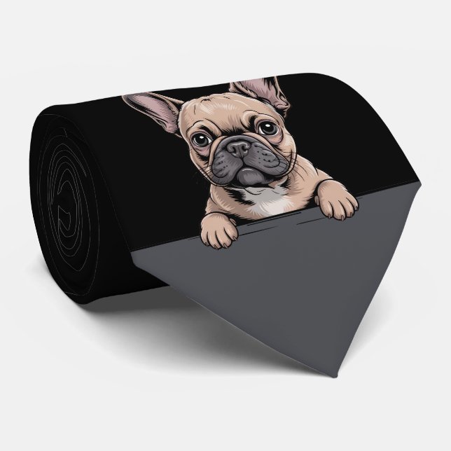 French Bulldog Funny Peeking Puppy Dog Lover Neck Tie (Rolled)
