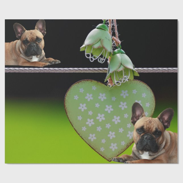French Bulldog Green Heart French Bulldog Wrapping Paper (Flat)