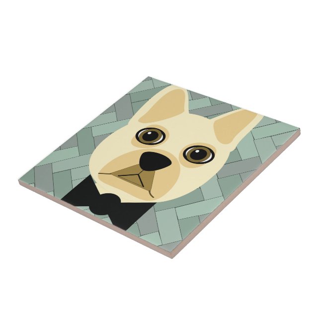 French Bulldog, Green Herringbone Ceramic Tile (Side)