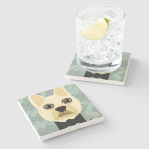 French Bulldog, Green Herringbone Stone Coaster