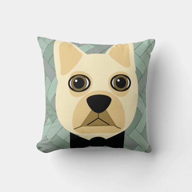 French Bulldog, Green Herringbone Throw Pillow (Front)