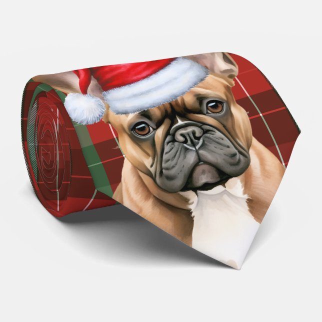 French Bulldog Green Red Holiday Plaid Christmas Neck Tie (Rolled)